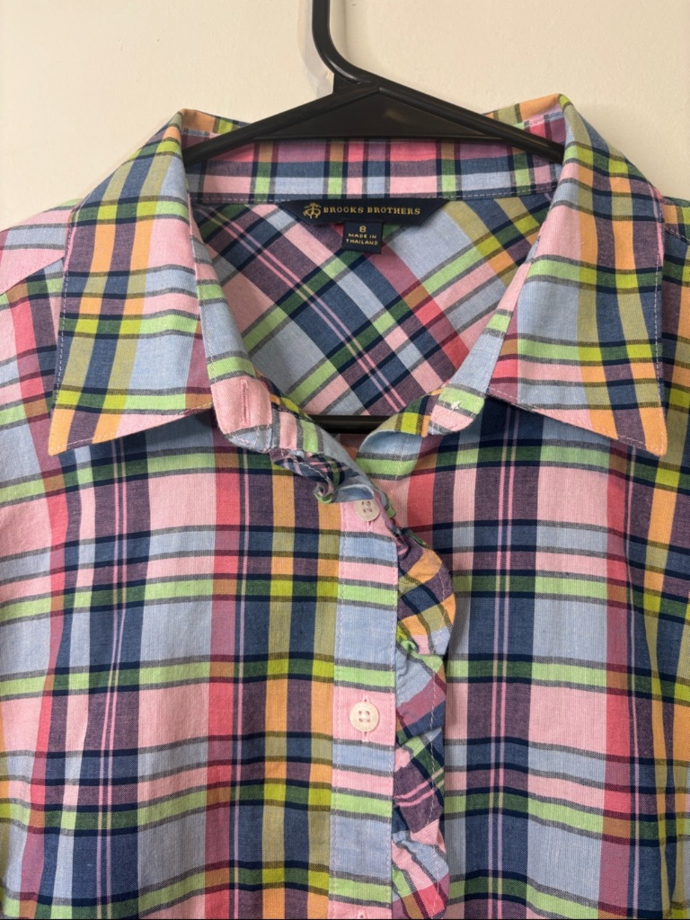 Brooks Brothers Pastel Spring Ruffle Detail Dainty Girly Plaid Button Down sz 8